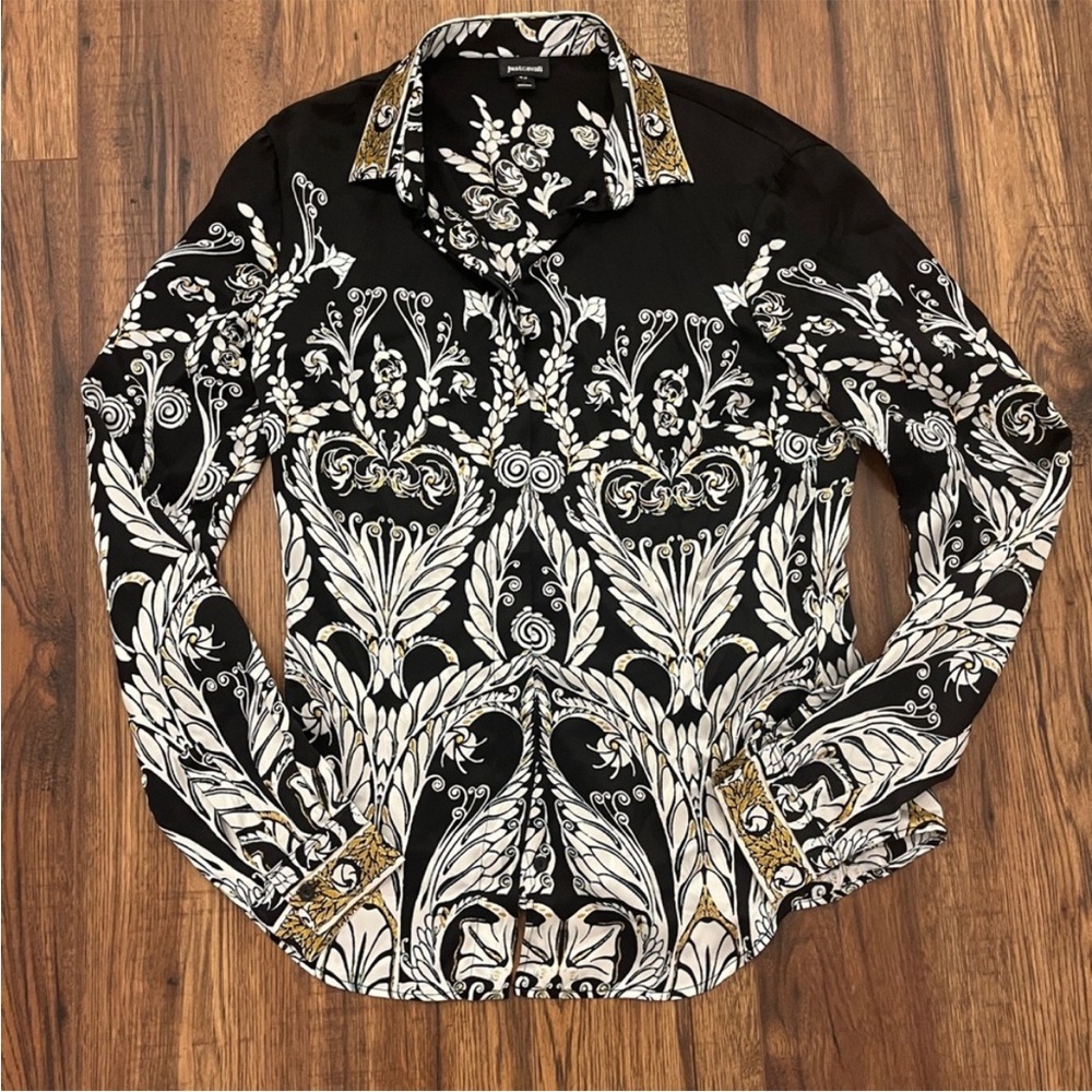 Just Cavalli Silk Baroque Print Long Sleeve Button Up Blouse Women’s Size 42